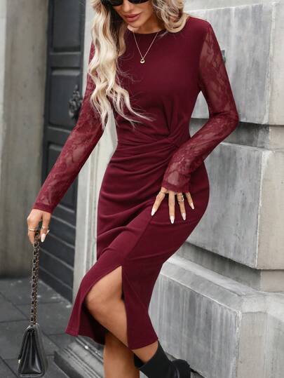SHEIN LUNE Women's Casual Lace Patchwork Twist Midi Dress, Wine Red, Suitable For Valentine's Day Dresses For Women Casual Dress For Women Casual Outfit For Women Long Sleeve Dress Burgundy Dress Vestidos Elegantes De Mujer Party Dresses For Women Prom Dress