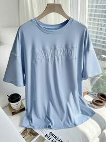 Comfortcana Plus Size Women Letter Embroidery Round Neck Drop Shoulder Short Sleeve Casual Loose T-Shirt - Blue - View 6