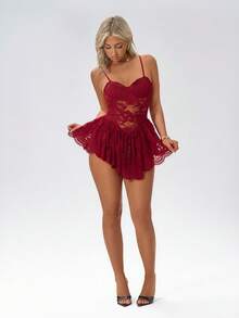 Amplova 女士迷你吊带裙，细肩带，性感前卫透视，适合晚会 - 紅色 - 查看 12