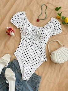 Soleia Women's Polka Dot Print Frill Trim Sweetheart Neck Raglan Sleeve Pleated Bodysuit - Multicolor - View 6