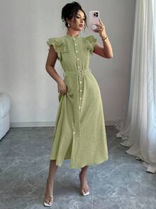 New Solid Color Lapel Ruffle Sleeve Cinched Waist Women Shirt Dress - Pastel Green - View 4