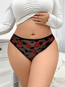 SHEIN Ropa interior sexy de encaje con estampado de labios rojos para mujeres de talla grande - Negro - Ver 3