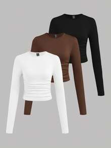 SHEIN EZwear 3 件套休闲简约纯色圆领褶皱长袖大码女式 T 恤，适合秋冬季 - 彩色 - 查看 1