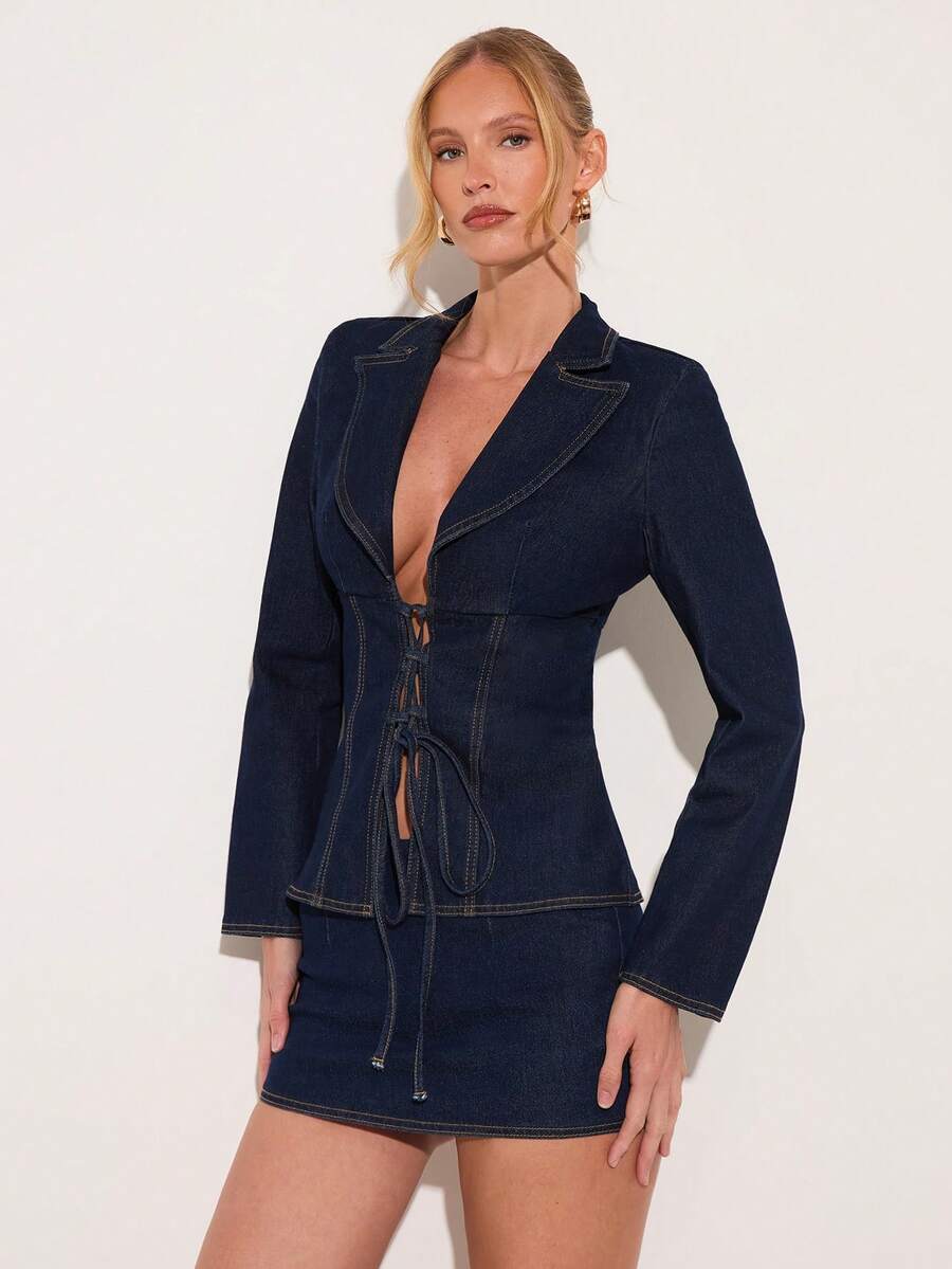 COSMINA Women's Bark Blue Elegant Fashion Commuter Lace-Up Fitted Jacket And Mini Denim Skirt Set - Blue - View 1