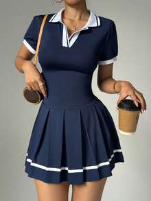 Dewbera 女式撞色绑带V领短袖褶边瑜伽运动连衣裙（含紧身裤） - 藏蓝色 - 查看 6