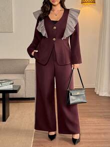 Vionelle 大码女式纯色V领开襟衬衫，金属扣装饰，收腰A字荷叶边长袖衬衫+松紧腰带口袋侧边撞色滚边宽松直筒裤套装，优雅通勤法式复古街头简约百搭套装，适合秋冬季、万圣节、圣诞节、感恩节、下午茶、派对、正式场合、家庭聚会等场合。两件套女式优雅办公套装，女士西装套装，女士西装外套套装。 - 紫紅色 - 查看 4