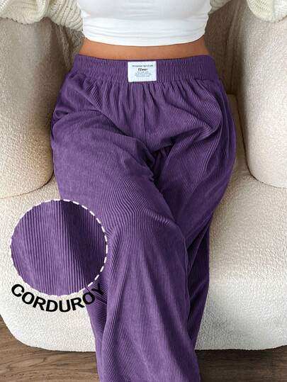 SHEIN EZwear Pantalones anchos de talle alto y ajuste holgado para mujer talla grande, de tela de felpa con bolsillos y diseño de parche, adecuados para el campus, uso diario, trabajo en interiores, otoño/invierno, color lila púrpura