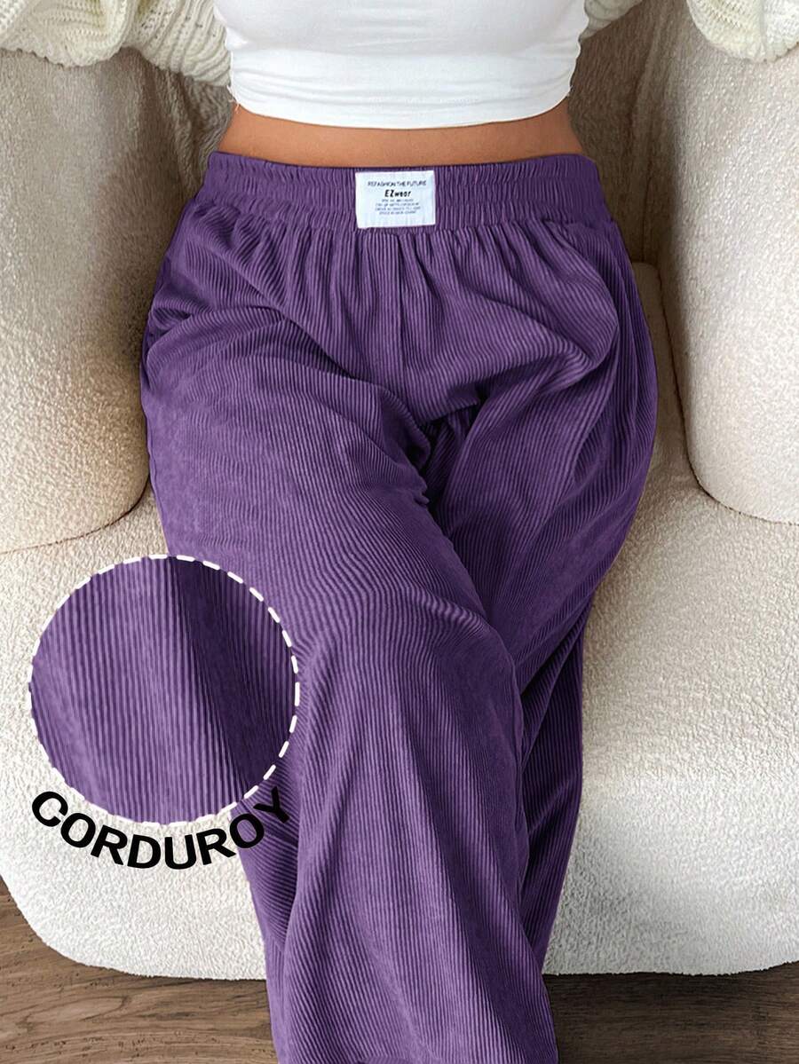 SHEIN EZwear 大码女式高腰宽松阔腿裤，抓绒面料，带口袋和贴布设计，适合校园、日常穿着、室内工作、秋冬季节，紫丁香色 - 紫丁香色 - 查看 1