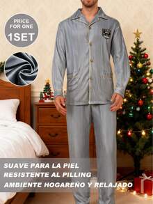 COTOLO Conjunto de Pijama Hombre Gris de Seda Suave, Manga Larga con Bordes Dorados, Diseño Elegante con Escudo, Cálido y Confortable, Regalo de Navidad - Gris - Ver 2