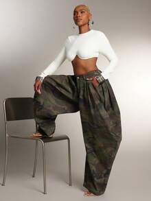 Denimoi 女士时尚迷彩印花喇叭牛仔裤 - 橄欖綠 - 查看 5