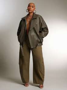 Denimoi 女士休闲时尚街头风高领落肩宽松拉链搭扣弹力下摆PU皮夹克，秋冬款 - 灰色 - 查看 6