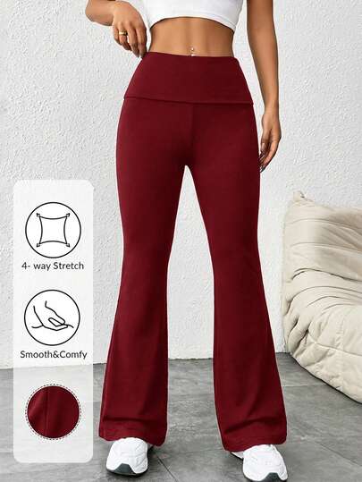 SHEIN PETITE Dambyxor med enfärgade, utsvängda skinny-byxor, vikbara leggings, stretchiga bootcut-yogabyxor med bell-botten och Y2k-joggingbyxor