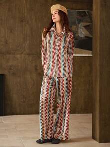 Hansera 2件套女士条纹长袖衬衫和裤子休闲套装 - 彩色 - 查看 1