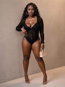 Slaydiva Spring & Summer New Year, Valentine's Day, Party, Banquet, Date, Birthday Party, College Style, Student Wear, Casual Daily Outfit, Basic Versatile, Casual, Cruise Travel, Viral Sensation, Elegant Romantic Sexy Party, Sexy, Square Neck, Lace Trim Collar, Waist Cinching, Black Lace, Sheer, Tight Bodysuit, Autumn/Winter Bodysuit, Sexy Bodysuit, Women's Bodysuit - Black - View 7