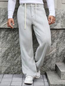 Manfinity Homme Men's Light Grey Smart Casual Dress Sweatpants,Autumn Thermal Lined Loose Straight Leg Solid Color Trousers,Old Money Style For Semi-Formal Occasions - Grey - View 6
