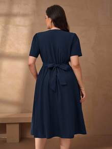 Chikora Đầm công sở thường ngày bằng vải lanh cotton thanh lịch cỡ lớn dành cho nữ - Màu xanh hải quân - Xem 2
