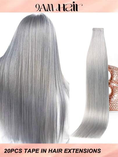 Tape In Hair Extensions 100% Human Hair #Grey Straight Style In 14-22 Inch Lengths Extensions Silky Seamless Invisible Top Quality Thick Ends Healthy Human Hair Extensions 50g/Pack For Thin Hair And Salon Use