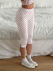 SHEIN EZwear 女士波点松紧腰休闲打底裤 - 白色 - 查看 5