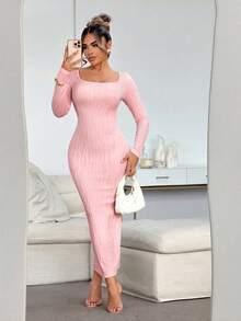 SHEIN SXY Váy len dệt kim cổ tròn tay dài thu đông cho nữ, màu hồng nhạt - Màu Hồng baby - Xem 3