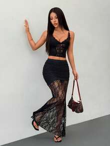 SHEIN Tall Women's Elegant Romantic Fashion Commute Sexy Black Lace Maxi Skirt, Tight Lace Skirt, Beach Holiday Ladies Skirt, Back To School Graduation Season Women's Wear, Romantic Date, Birthday, Easter Ladies, Brazilian Carnival, Music Festival, Wedding Season, Brunch Ladies Skirt, Bohemian Style, Fairy Style Skirt - Black - View 6