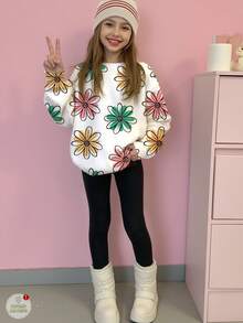 2pcs Tween Girls White Floral Print Sweatshirt And Leggings Set,Cute Back-To-School Autumn School Clothes,Sweet&Fresh Round Neck Long Sleeve Outfit - Multicolor - View 2