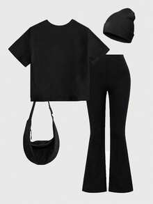 Tween Girl Numeric Print T-Shirt And Flare Pants Set - Black - View 3