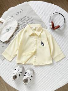 SHEIN Playful Pals 女婴休闲格子长袖衬衫，可爱清新韩版风格，适合春、秋、冬三季穿着，百搭单品 - 黃色 - 查看 3
