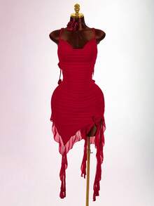 Amplova Women's Mid-Length Dress With Draped Neckline, Drawstring, Ruffle Trim, Flounce Hem, Spaghetti Straps, Backless, Floral Print, Fashionable & Sexy Red Dress Rouche Dress - Bright Red - View 7