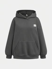 SHEIN Girlism 2件套少女宽松纯色深灰色复古美式英文文字印花连帽卫衣和运动裤套装，适合秋冬季节和返校季穿着，带保暖内衬 - 深灰色 - 查看 6