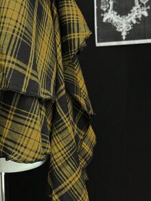 EgrlEra 女士格子镂空装饰系领多层不对称荷叶边下摆时尚派对迷你连衣裙 - 黃色 - 查看 6