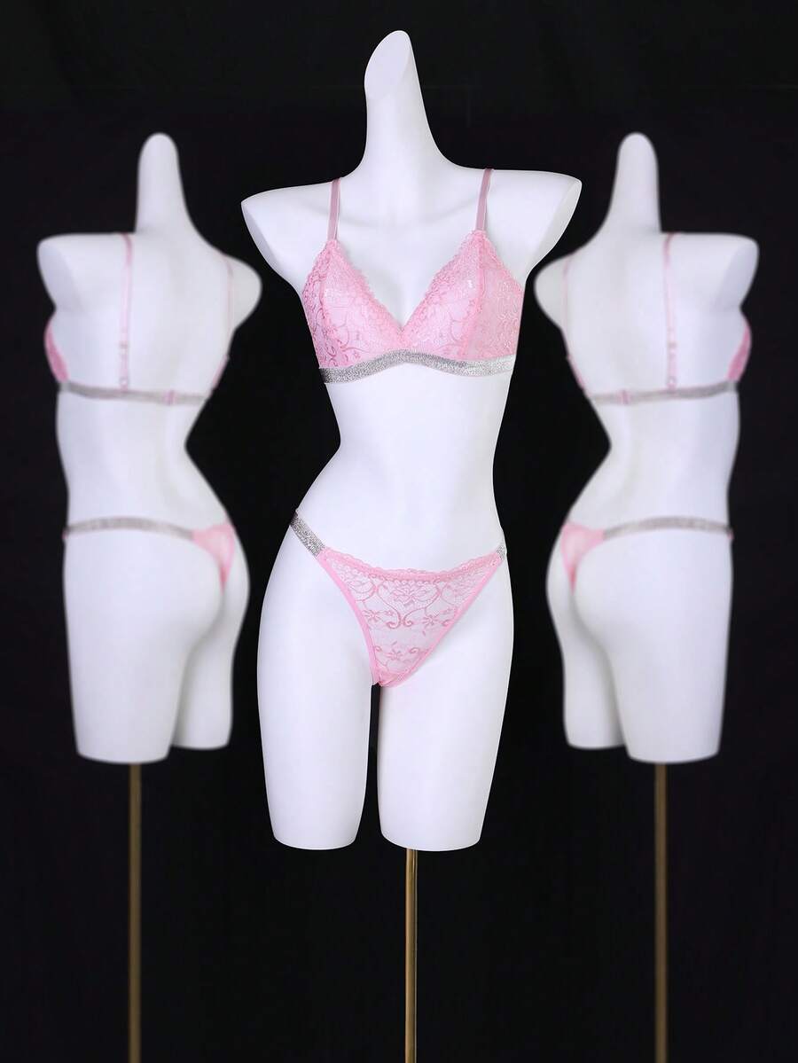 2pcs/Set Lace Elegant And Sexy Metallic Ribbon Ladies Lingerie Set - Pink - View 1