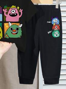 2件套男童休闲简约圆领短袖上衣和裤子套装 - 黑色 - 查看 5