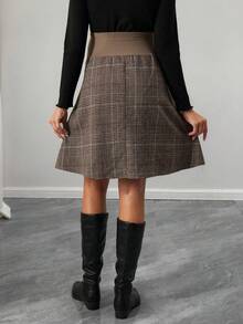 SHEIN 羊毛格子蓬松孕妇A字裙 - 卡其色 - 查看 6