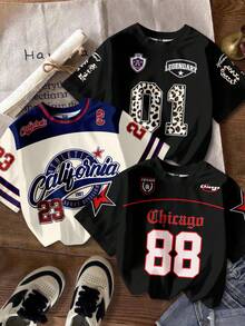 Attitoon 3 件套休闲简约运动 F1 数字和字母徽章印花图案宽松圆领短袖 T 恤女款，适合秋季、家庭装、机场和街头风格 - 彩色 - 查看 6