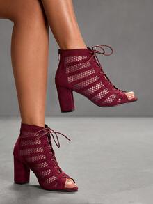 CUCCOO SZL Botas de tobillo con diseño de cordones y punta abierta de tacón alto de moda para uso diario - Burdeos - Ver 11