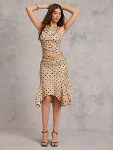 L'Amorae Women's Polka Dot Knot Shoulder Tank - Khaki - View 3