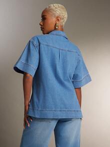 Denimoi 女士翻领短袖口袋休闲宽松牛仔衬衫 - 藍色 - 查看 5