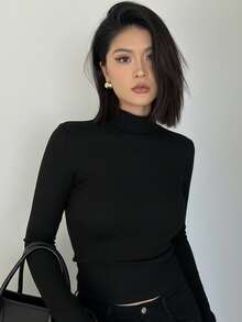 Playera camiseta de mujer de manga larga con cuello alto, espalda descubierta, sexy y ajustada, con diseño minimalista casual, apta para primavera/otoño - negro - Ver 2