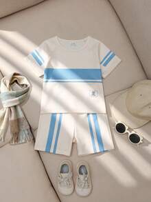 SHEIN Playful Pals 2 Stücke/Set Kleinkinder Jungen Lässig Kurzarm T-Shirt und Shorts Set - Babyblau - Übersicht 4
