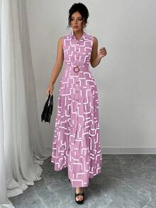 Elenzga New V-Neck Graphic Print Button Sleeveless Tie Waist Slim Fit Dress For Women - Baby Pink - View 4