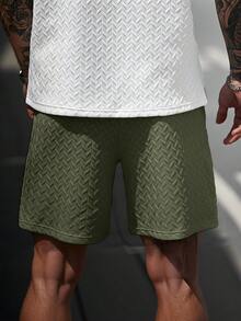 Manfinity CasualCool 男士夏季提花网眼面料罗纹领抽绳短裤，送给男友或丈夫的优雅礼物，钻石短裤，男士绿色短裤，男士街头风短裤，男士夏季短裤 - 軍綠色 - 查看 2