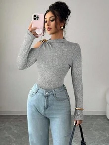 Siren Gaze 黑色修身镂空长袖T恤，秋季新品系列 - 灰色 - 查看 1