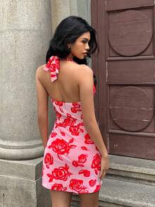 MainGRL Đầm ngắn nữ in hoa hồng hồng, gợi cảm và thanh lịch, thích hợp cho tiệc Giáng sinh, Năm mới, Ngày Valentine. - Đỏ - Xem 2