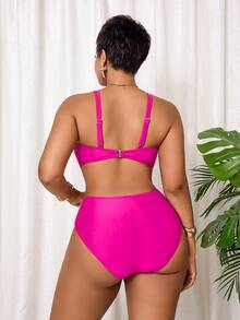 Slaydiva Plus Size High Waist Ruffle Bikini Top,Triangle Bottoms 2 Pieces Swimwear Set,Tummy Control Curve Bathing Suit,Hot Pink,Summer,Beach,Vacation,Holiday - Hot Pink - View 2