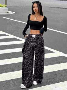 SHEIN EZwear Damen Loose Buchstaben Grafik, Leopardenmuster weite Bein Jogginghose