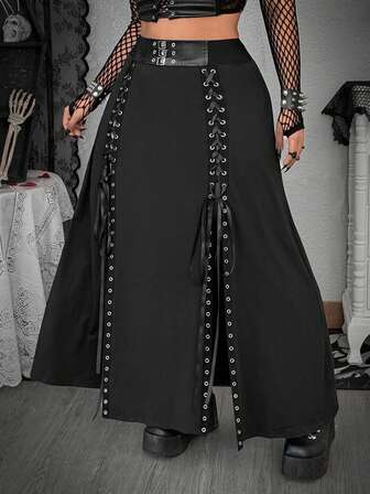 Whyspr Falda sexy de estilo punk con cintura elástica, botones decorativos y abertura frontal para tallas grandes