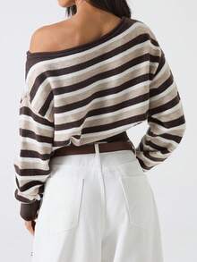 LYSMO 2025 New Minimalist Winter For Women's Casual Striped Asymmetric Shoulder Cropped Long Sleeve Sweater , Christmas Jumper New Year Thanksgiving For Women Graduation Season Stylish Collection Y2K, Sweaters For Women - Multicolor - View 2