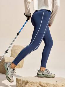 Exploreva Women's Outdoor Tight Sports Pants, Full-Length With Side Pockets, Suitable For Gym, Hiking And Running - Blue - View 3