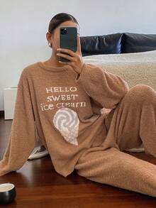 DAZY 2 piezas Conjunto de pijama holgado de punto de felpa con estampado de helado para mujer, otoño/invierno - Marrón - Ver 5