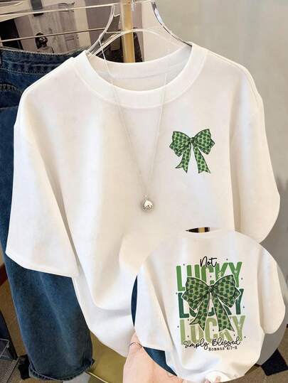 Resyla St. Patrick's Day Lucky T-Shirt, Clover Bow Print Round Neck Women's T-Shirt, Suitable For Daily And Holiday Wear